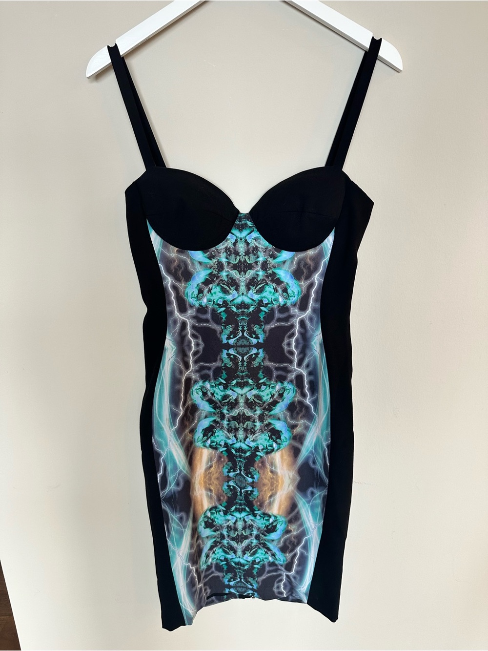 House of CB Black Mini Dress with Teal & Aqua Mirror Print